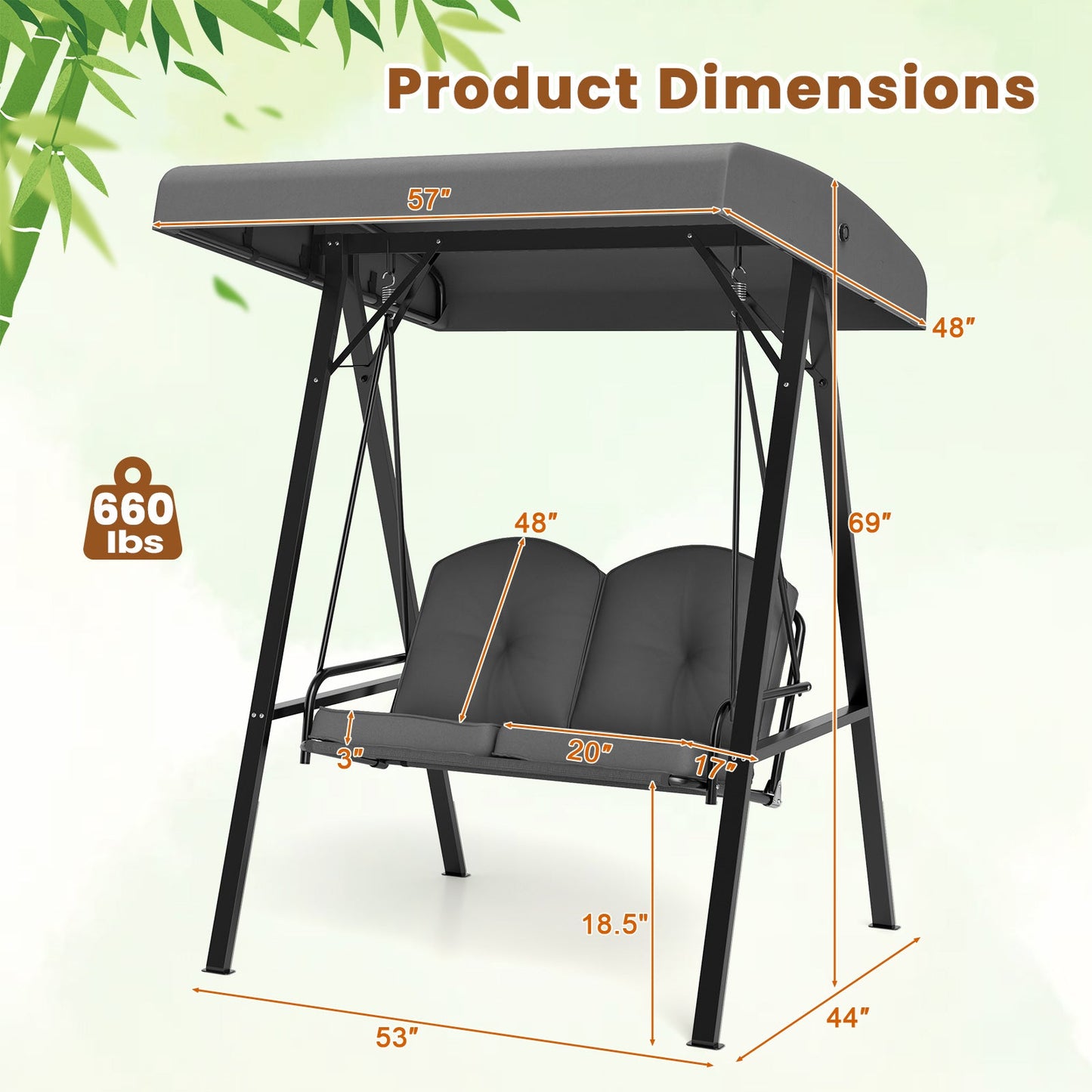 2-Person Outdoor Porch Swing with A-Shaped Metal Stand and Adjustable Canopy-Gray