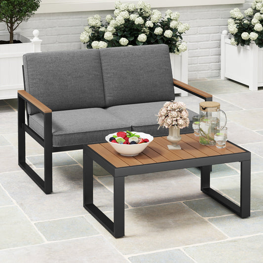 2 Piece Patio Aluminum Furniture Set with Wood-Plastic Armrests and Tabletop-Gray - Tampa Home & Garden Store