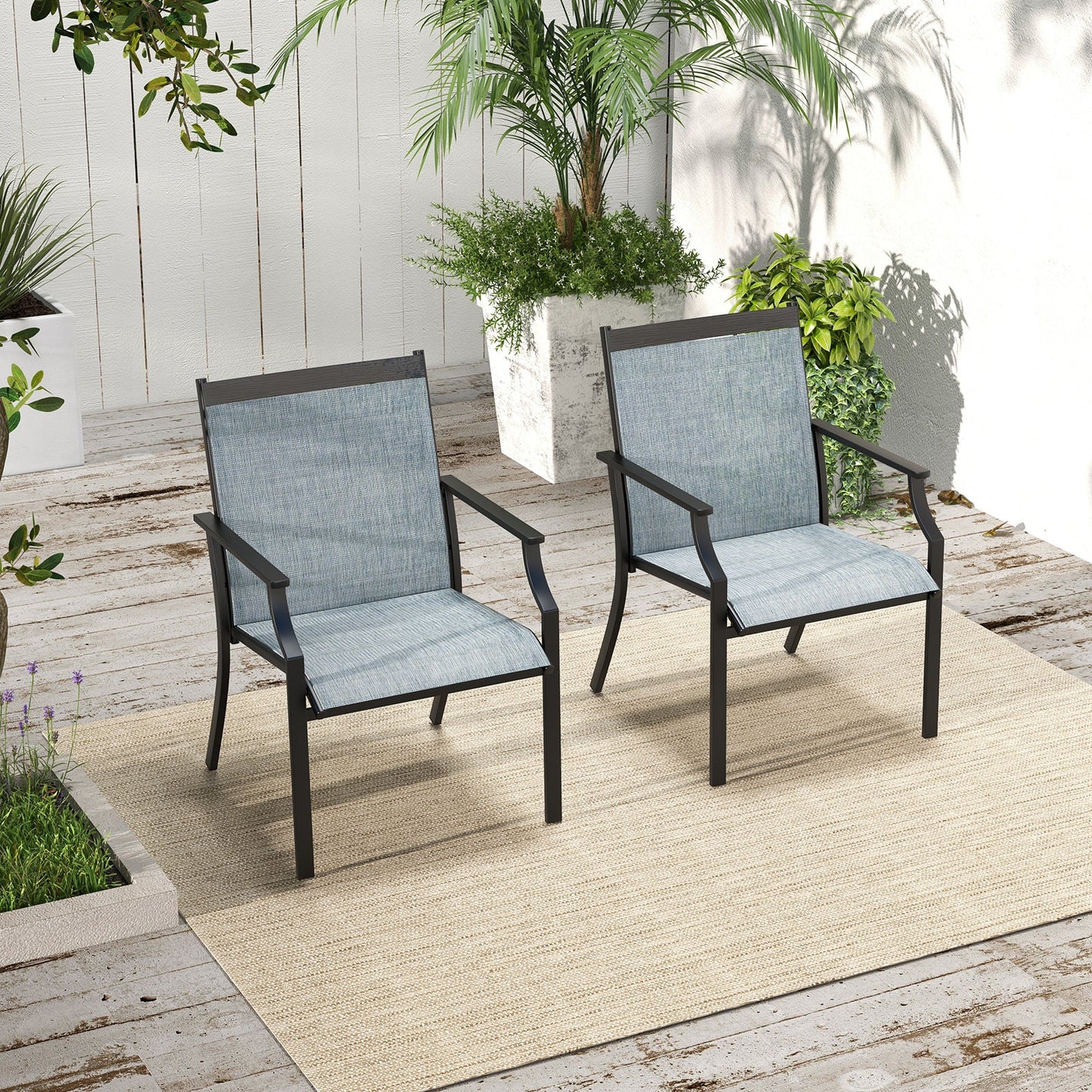 2 Piece Patio Dining Chairs Large Outdoor Chairs with Breathable Seat and Metal Frame-Blue - Tampa Home & Garden Store