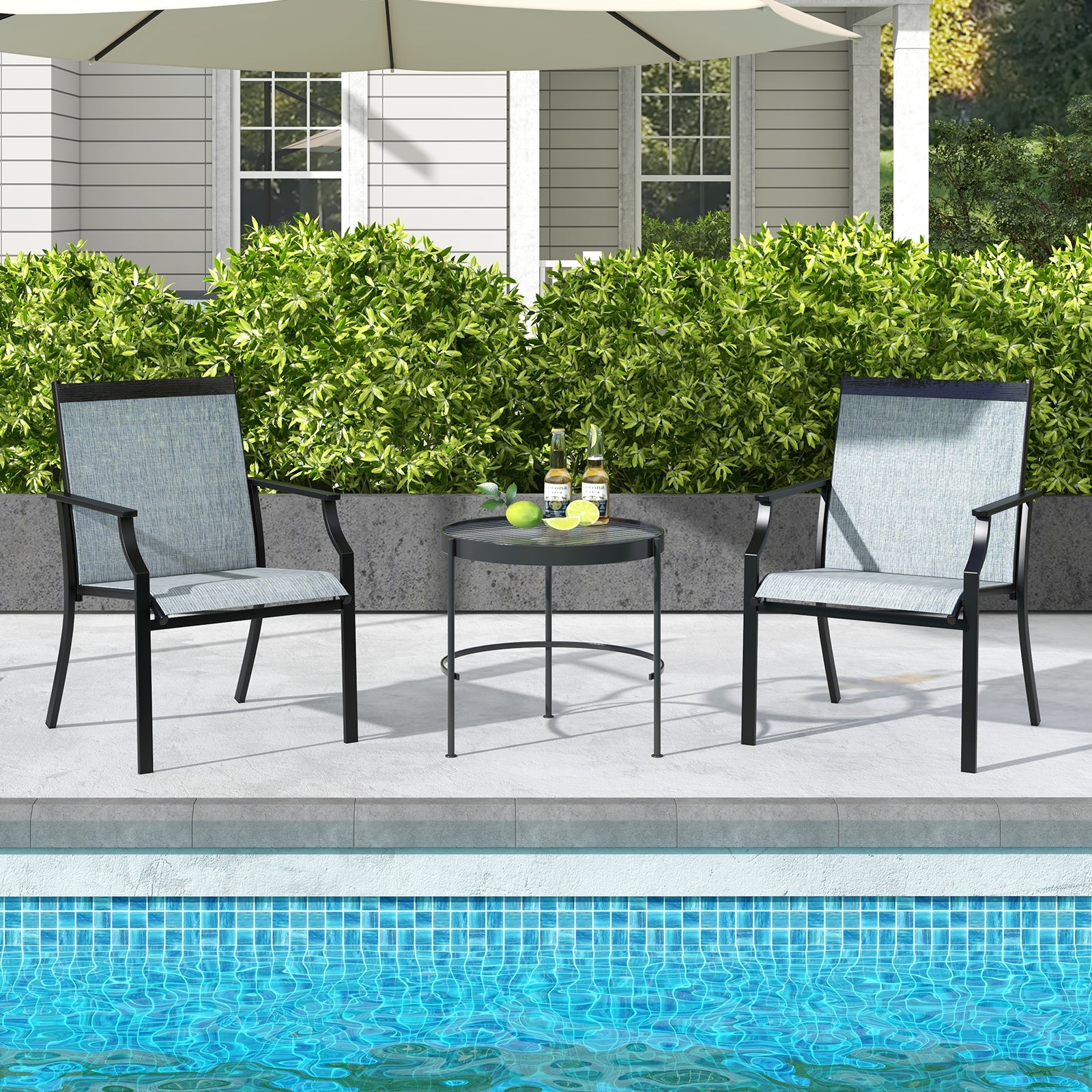 2 Piece Patio Dining Chairs Large Outdoor Chairs with Breathable Seat and Metal Frame-Blue - Tampa Home & Garden Store