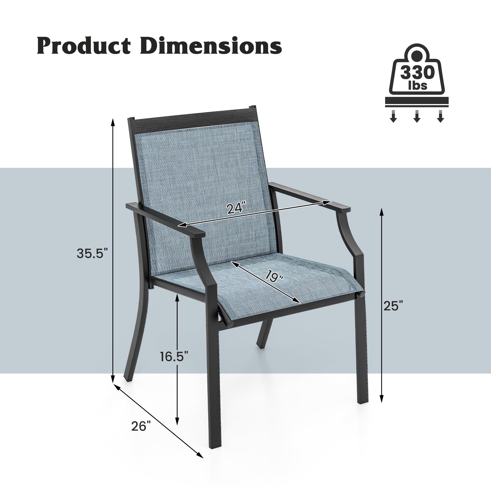 2 Piece Patio Dining Chairs Large Outdoor Chairs with Breathable Seat and Metal Frame-Blue - Tampa Home & Garden Store