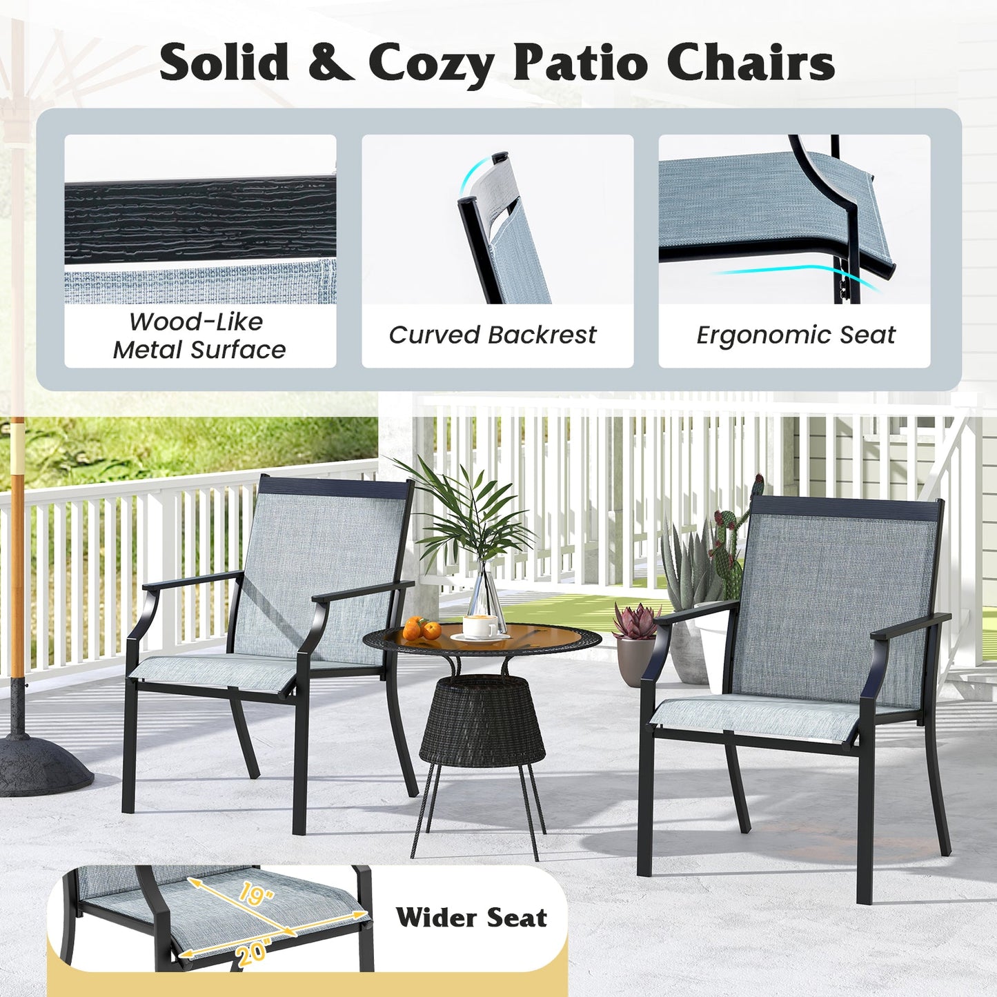 2 Piece Patio Dining Chairs Large Outdoor Chairs with Breathable Seat and Metal Frame-Blue - Tampa Home & Garden Store