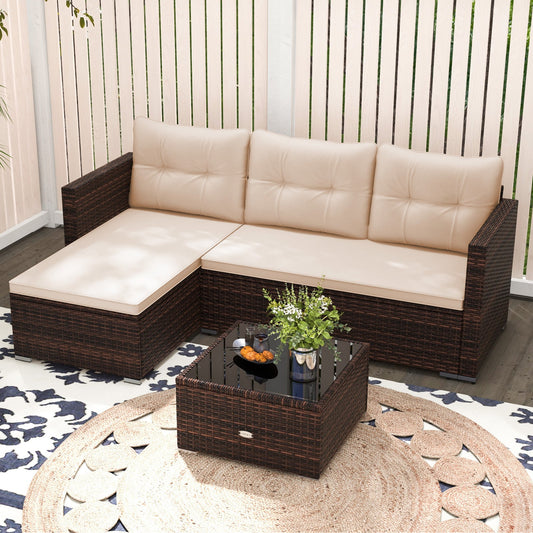 4 Seats Outdoor Wicker Furniture Set with Tempered Glass Coffee Table and Soft Cushions-Beige - Tampa Home & Garden Store