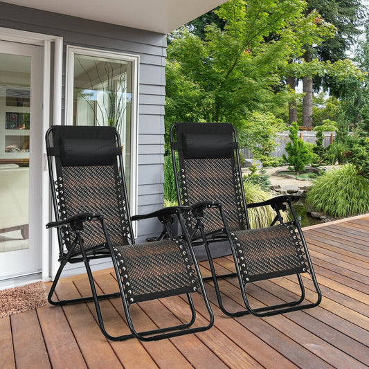 2 Pieces Folding Patio Rattan Zero Gravity Lounge Chair-Brown - Tampa Home & Garden Store