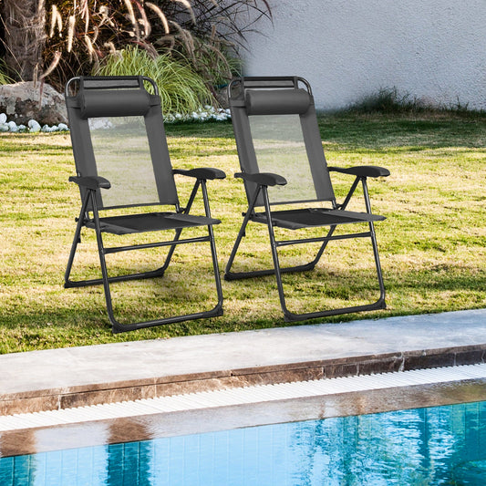 2 Pieces Patio Adjustable Folding Recliner Chairs with 7 Level Adjustable Backrest-Gray - Tampa Home & Garden Store