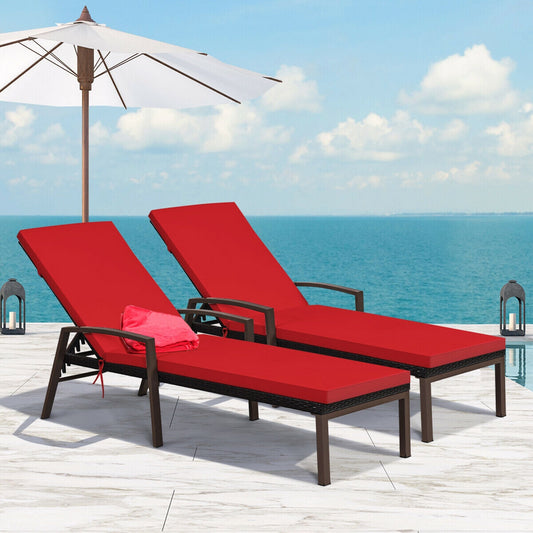 2 Pieces Patio Rattan Adjustable Back Lounge Chair with Armrest and Removable Cushions-Red - Tampa Home & Garden Store