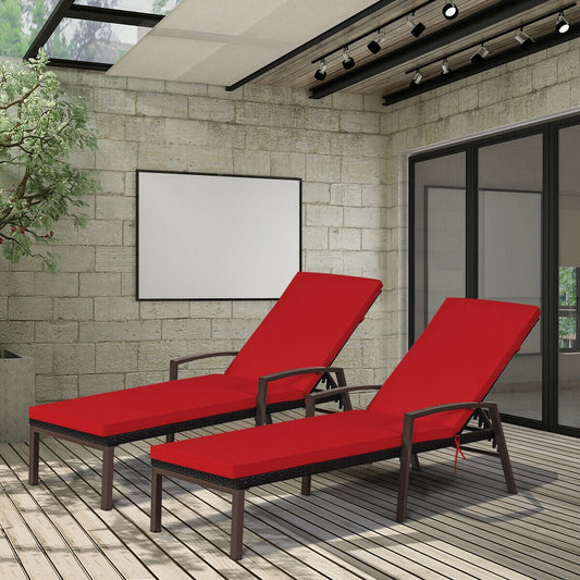 2 Pieces Patio Rattan Adjustable Back Lounge Chair with Armrest and Removable Cushions-Red - Tampa Home & Garden Store