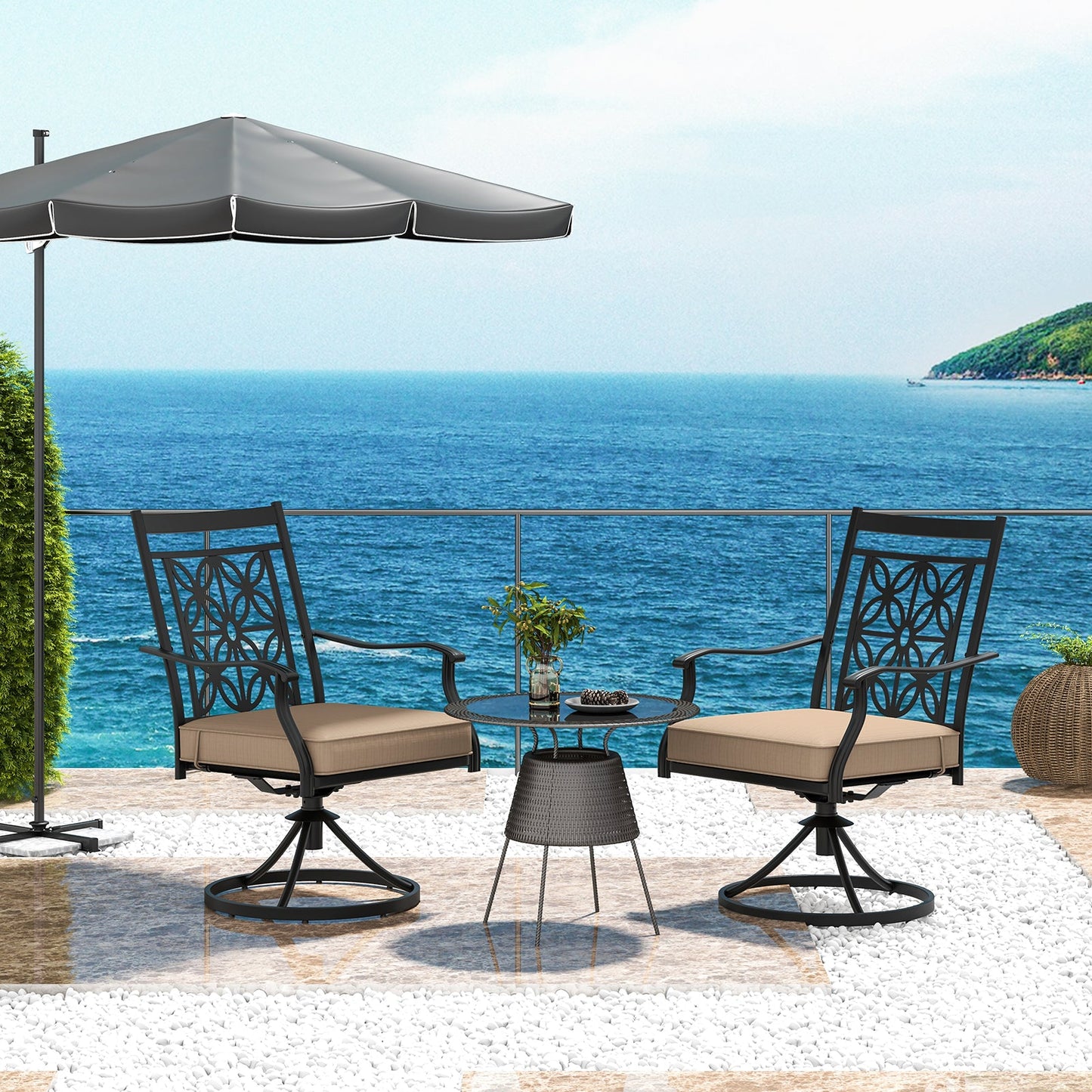 2 Pieces Patio Swivel Chairs with Blossom Pattern Backrest and Cushions-Black - Tampa Home & Garden Store