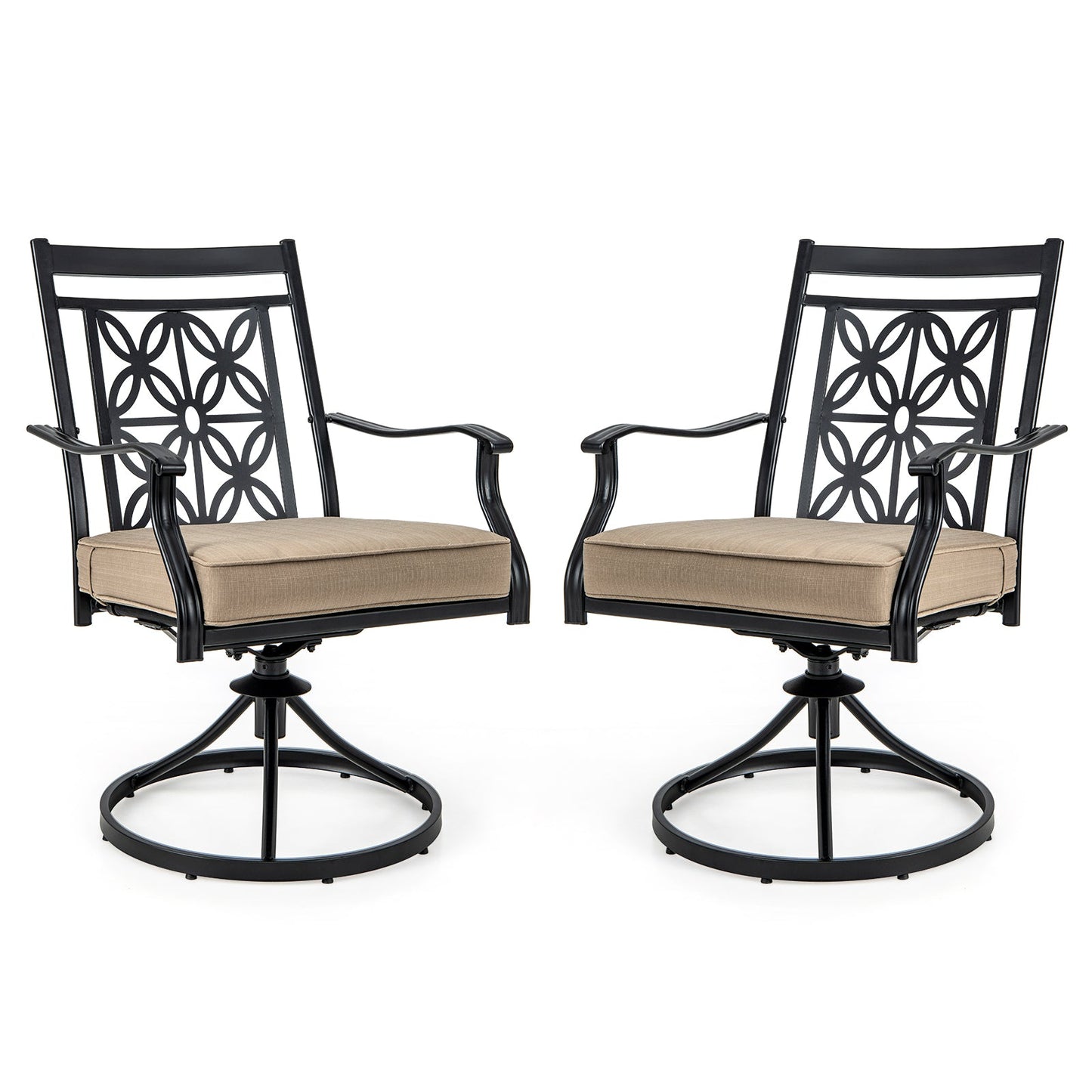 2 Pieces Patio Swivel Chairs with Blossom Pattern Backrest and Cushions-Black - Tampa Home & Garden Store