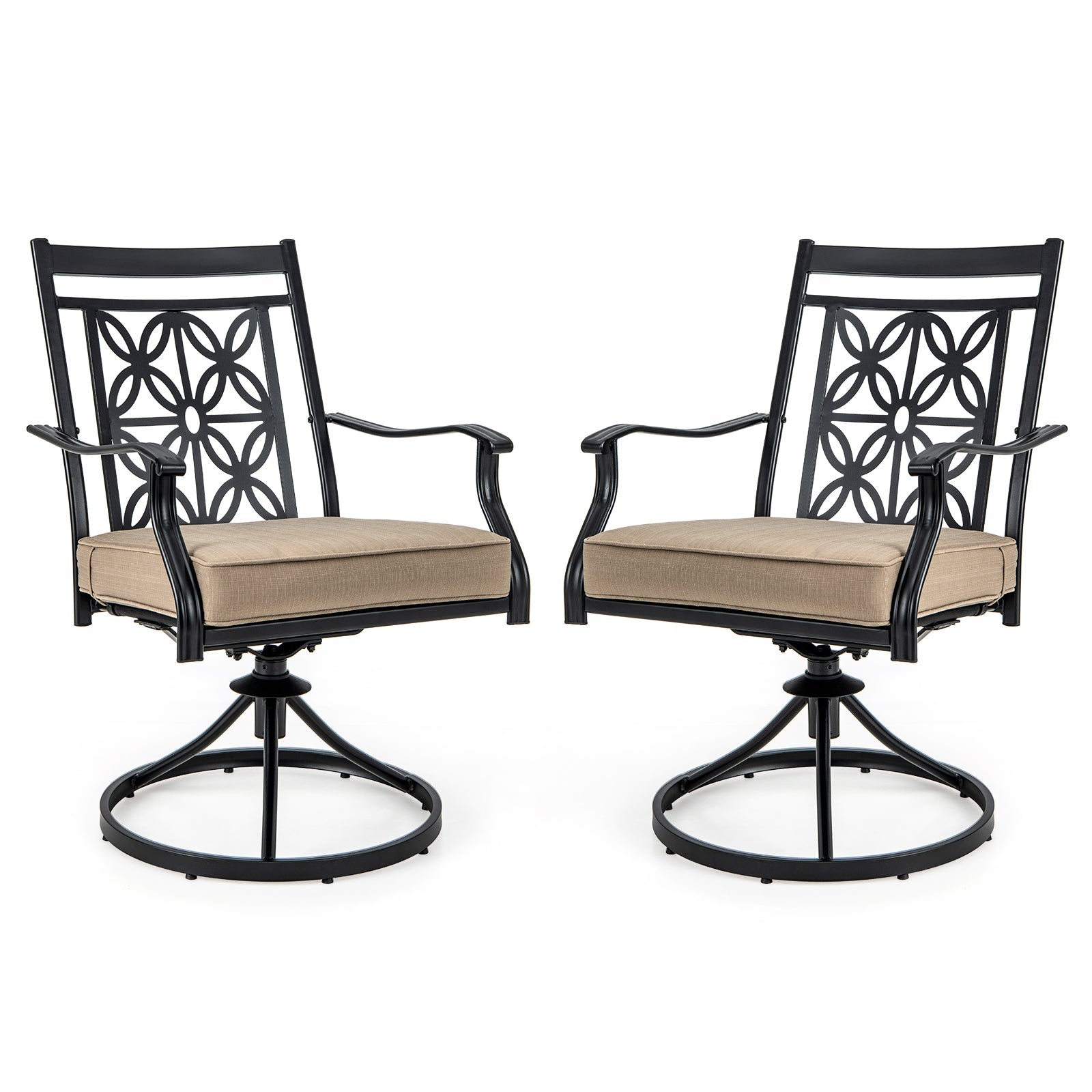 2 Pieces Patio Swivel Chairs with Blossom Pattern Backrest and Cushions-Black - Tampa Home & Garden Store