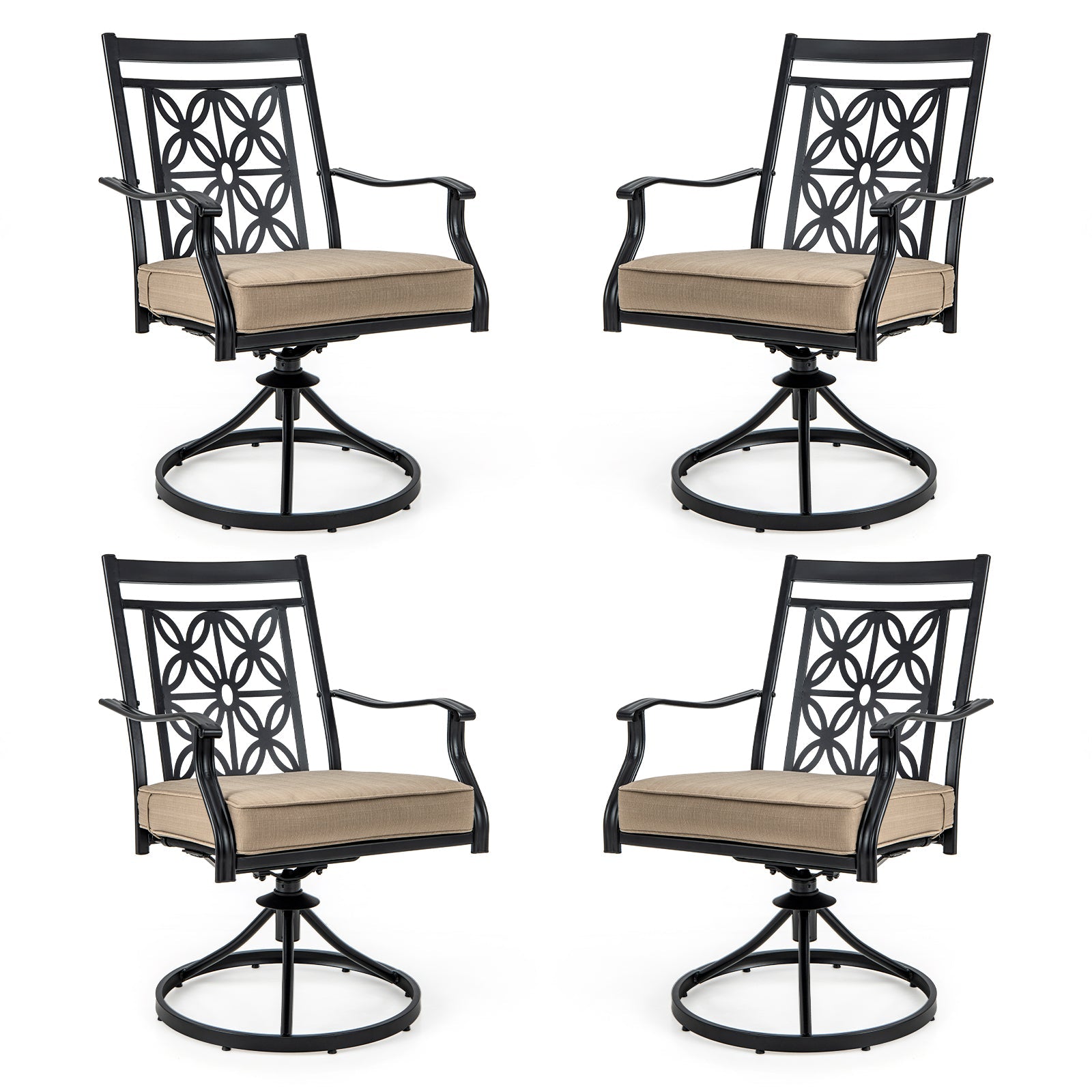 2 Pieces Patio Swivel Chairs with Blossom Pattern Backrest and Cushions-Black - Tampa Home & Garden Store