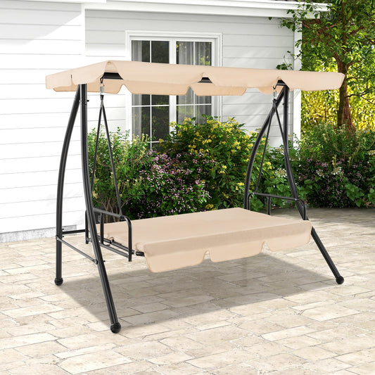 2-Seat Outdoor Convertible Swing Chair with Flat Bed and Adjustable Canopy-Beige - Tampa Home & Garden Store