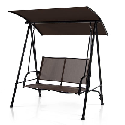Columpio de exterior con dos asientos y dosel, asiento de tela cómoda y estructura de metal resistente - Marrón