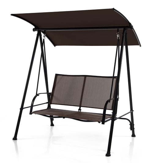 2-Seat Outdoor Canopy Swing with Comfortable Fabric Seat and Heavy-duty Metal Frame-Brown - Tampa Home & Garden Store