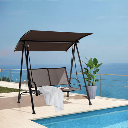 Columpio de exterior con dos asientos y dosel, asiento de tela cómoda y estructura de metal resistente - Marrón