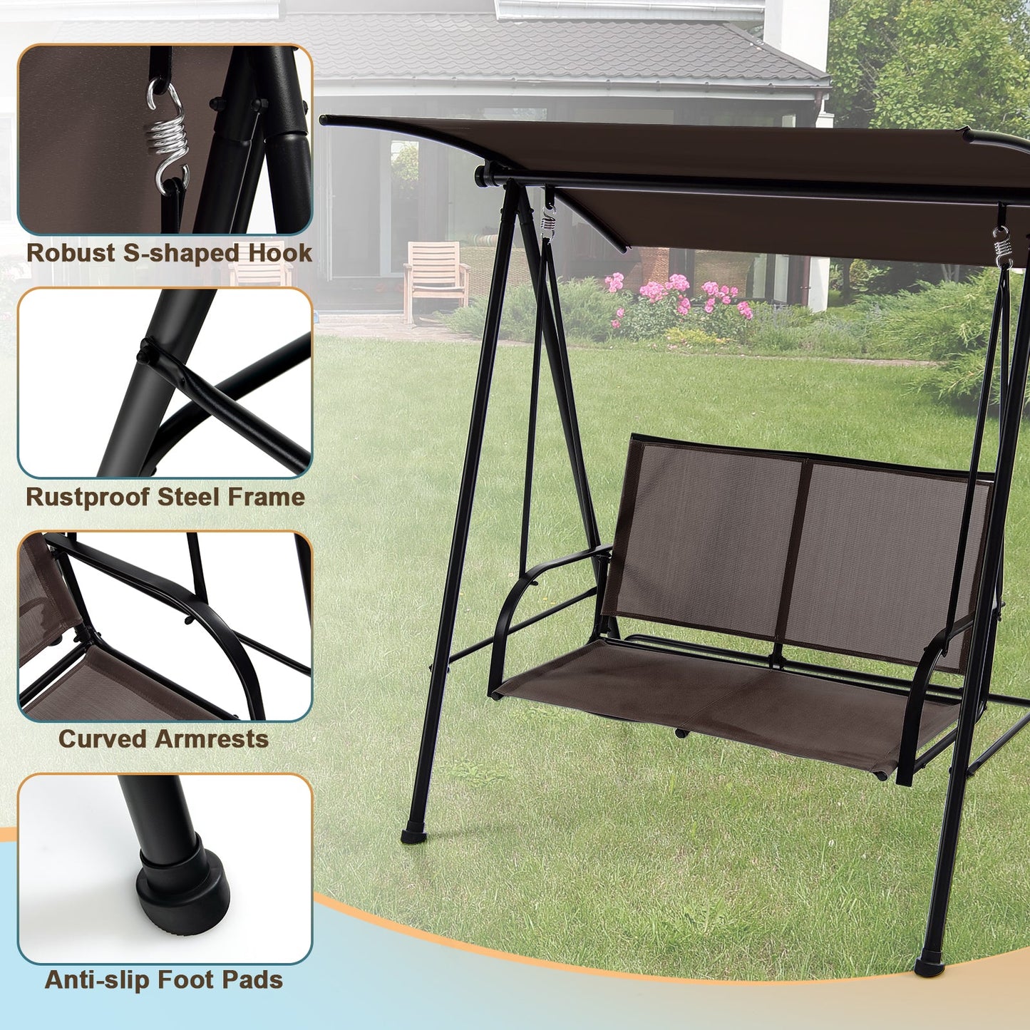 Columpio de exterior con dos asientos y dosel, asiento de tela cómoda y estructura de metal resistente - Marrón