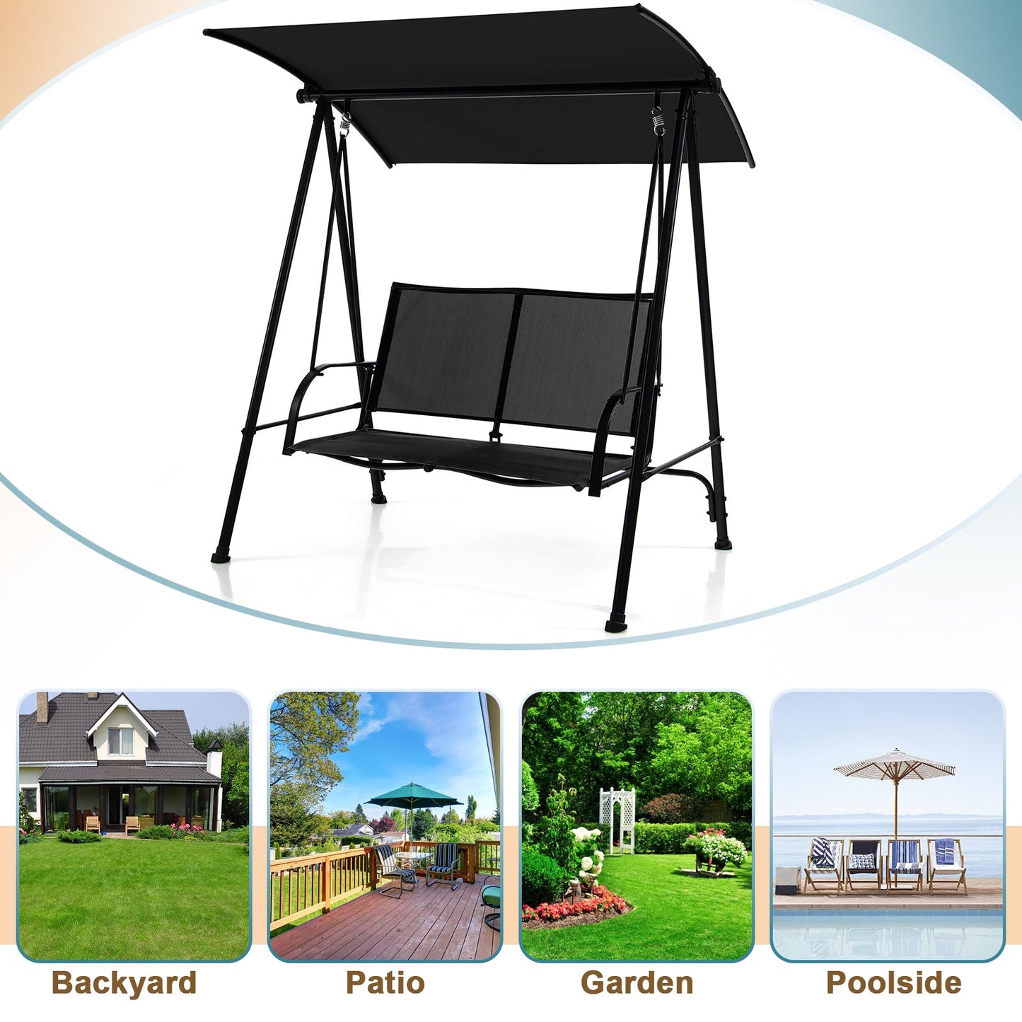 Columpio de exterior con dos asientos y dosel, asiento de tela cómoda y estructura de metal resistente - Marrón