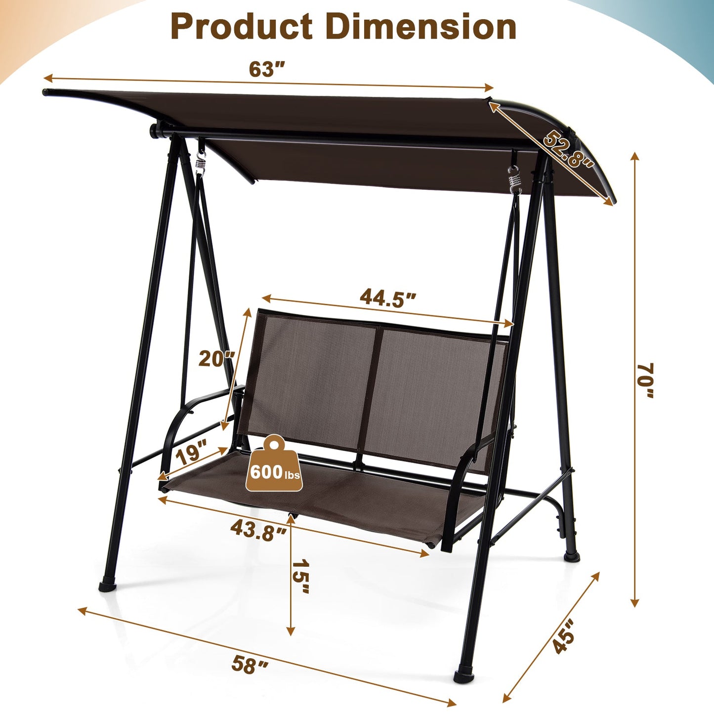 Columpio de exterior con dos asientos y dosel, asiento de tela cómoda y estructura de metal resistente - Marrón