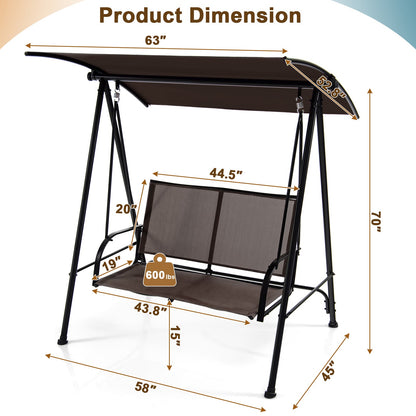 Columpio de exterior con dos asientos y dosel, asiento de tela cómoda y estructura de metal resistente - Marrón