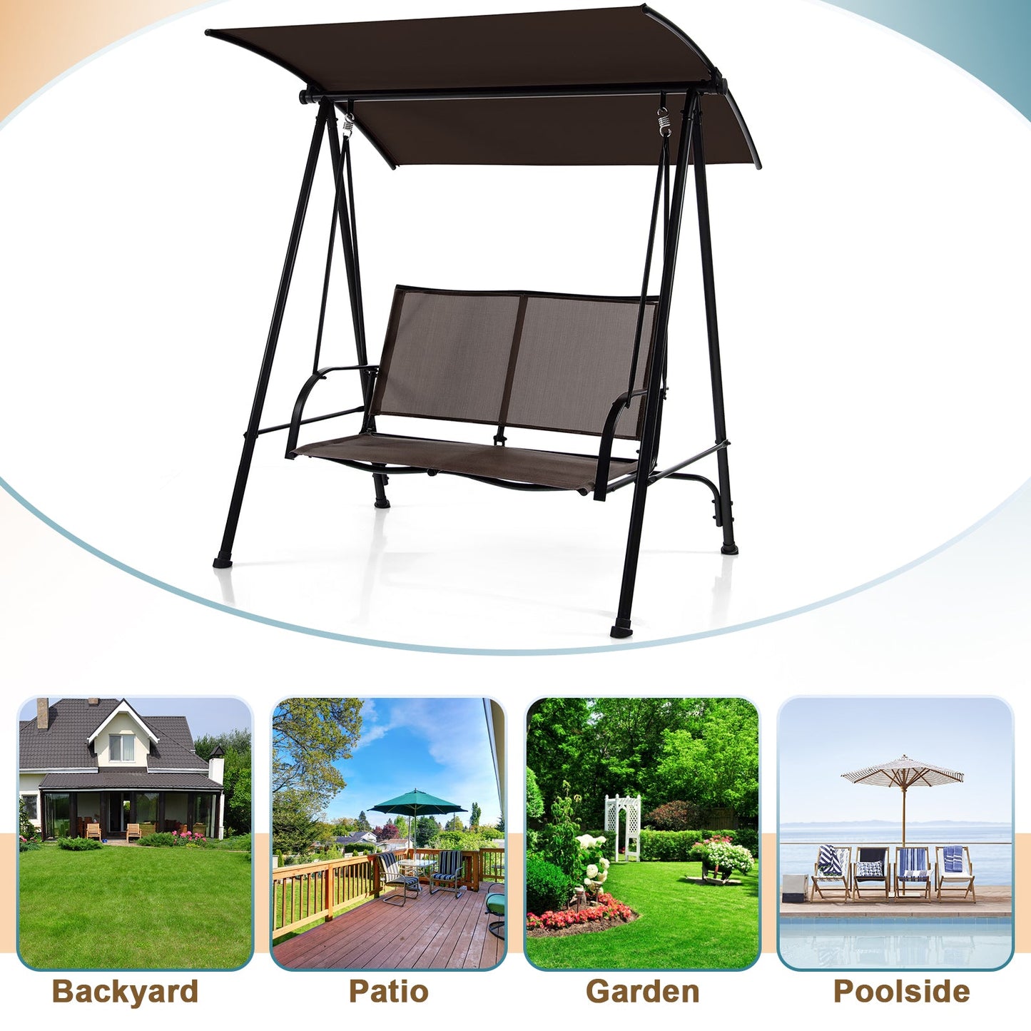 Columpio de exterior con dos asientos y dosel, asiento de tela cómoda y estructura de metal resistente - Marrón