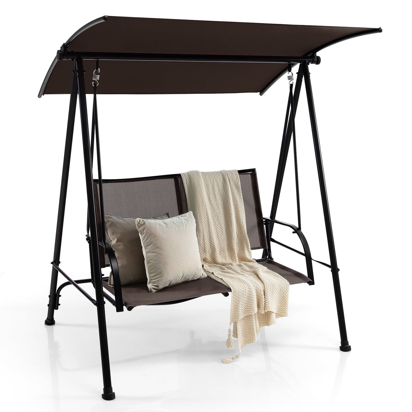 Columpio de exterior con dos asientos y dosel, asiento de tela cómoda y estructura de metal resistente - Marrón