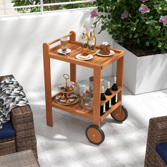 2 Tier Rolling Serving Cart with Wine Bottle Holders and 2 Rubber Wheels - Tampa Home & Garden Store