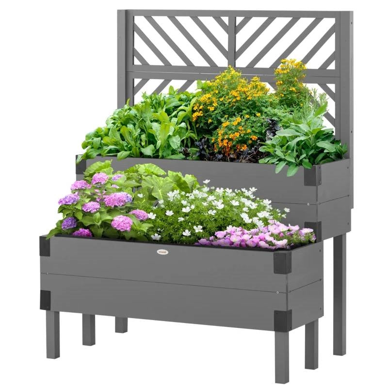 2 Tier Self Draining Grey Wood Raised Garden Bed Planter Box with Trellis - Tampa Home & Garden Store