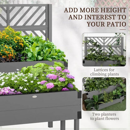 2 Tier Self Draining Grey Wood Raised Garden Bed Planter Box with Trellis - Tampa Home & Garden Store