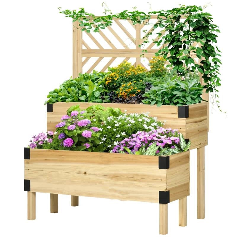 2 Tier Self Draining Natural Wood Raised Garden Bed Planter Box with Trellis - Tampa Home & Garden Store