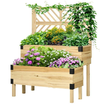 2 Tier Self Draining Natural Wood Raised Garden Bed Planter Box with Trellis - Tampa Home & Garden Store