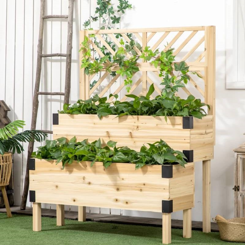 2 Tier Self Draining Natural Wood Raised Garden Bed Planter Box with Trellis - Tampa Home & Garden Store