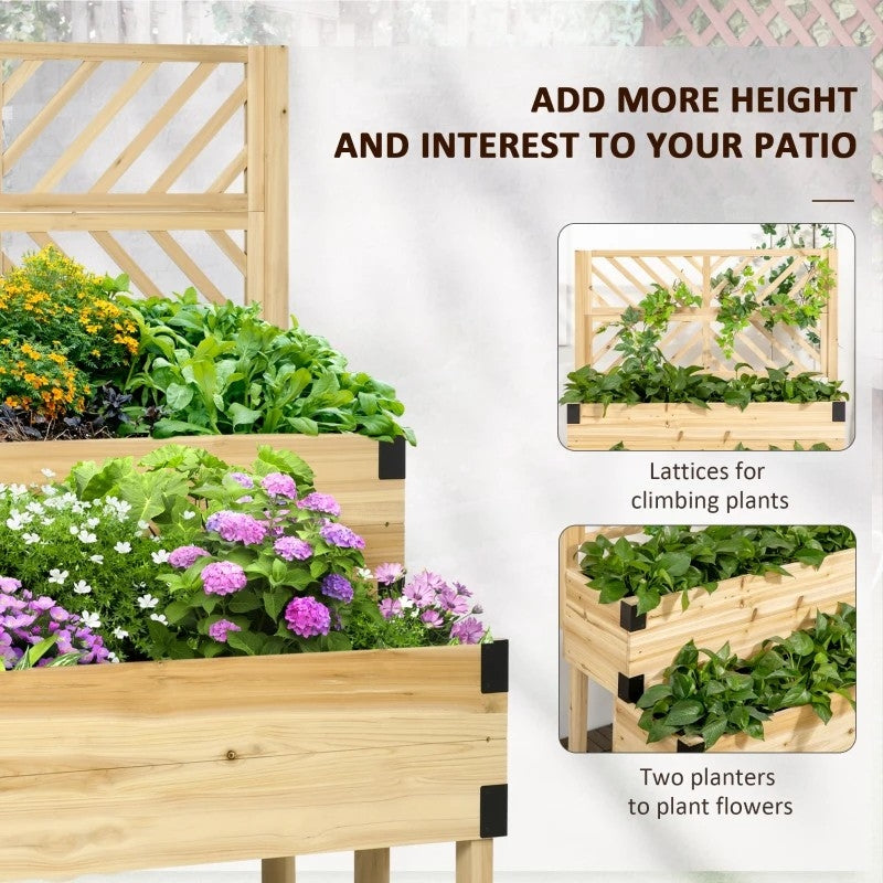 2 Tier Self Draining Natural Wood Raised Garden Bed Planter Box with Trellis - Tampa Home & Garden Store