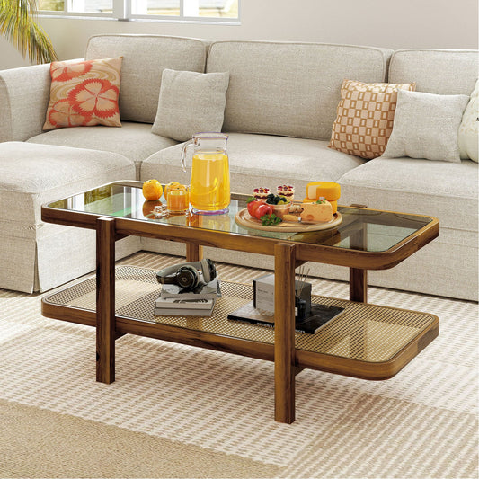 2-Tier Coffee Table with Storage and Tempered Glass Tabletop-Brown - Tampa Home & Garden Store