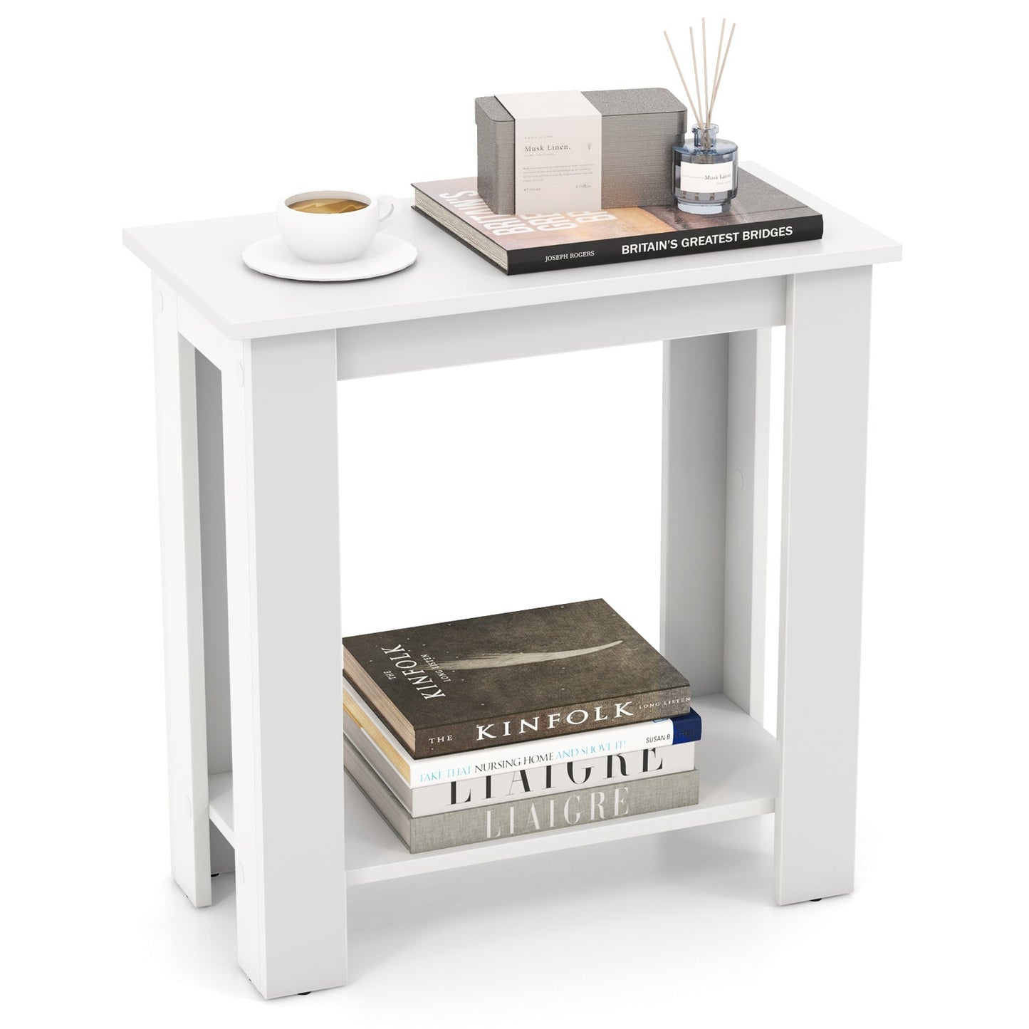 2-Tier Modern Compact End Table with Storage Shelf-Brown