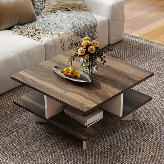 2-Tier Square Coffee Table with 4 Storage Compartments-Walnut - Tampa Home & Garden Store