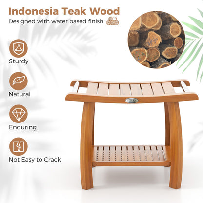 2-Tier Teak Wood Shower Bench Shower Stool with Curved Seat and Handles