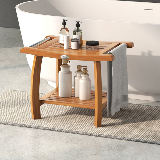 2-Tier Teak Wood Shower Bench Shower Stool with Curved Seat - Tampa Home & Garden Store
