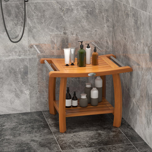 2-Tier Teak Wood Shower Bench Shower Stool with Curved Seat - Tampa Home & Garden Store