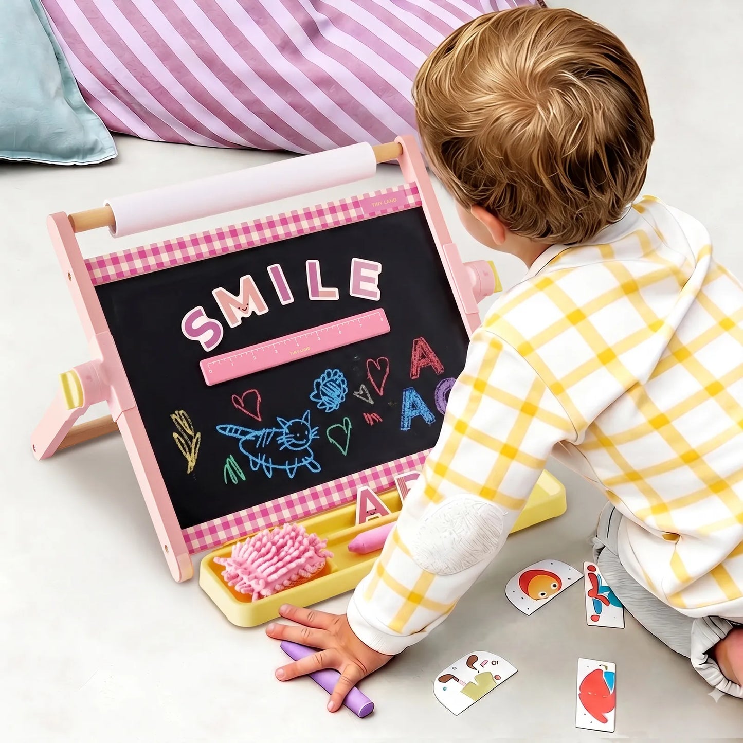 Tiny Land Double-Sided Magnetic Tabletop Easel pink kids easel with paper and chalkboard on Tampa Home & Garden Store