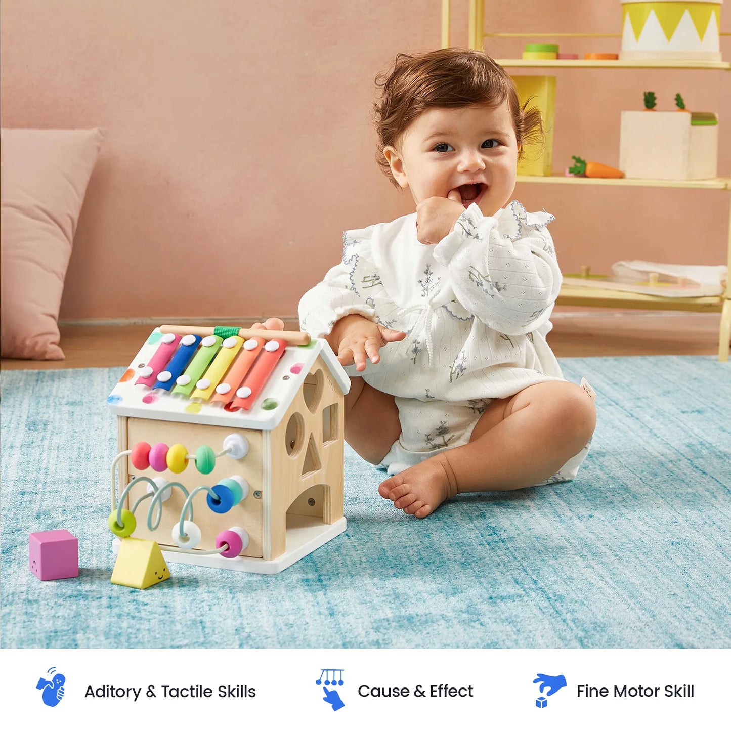 Tiny Land Cottage Activity Cube Rainbow wooden baby toy with colorful rods by Tiny Land INC on Tampa Home & Garden Store