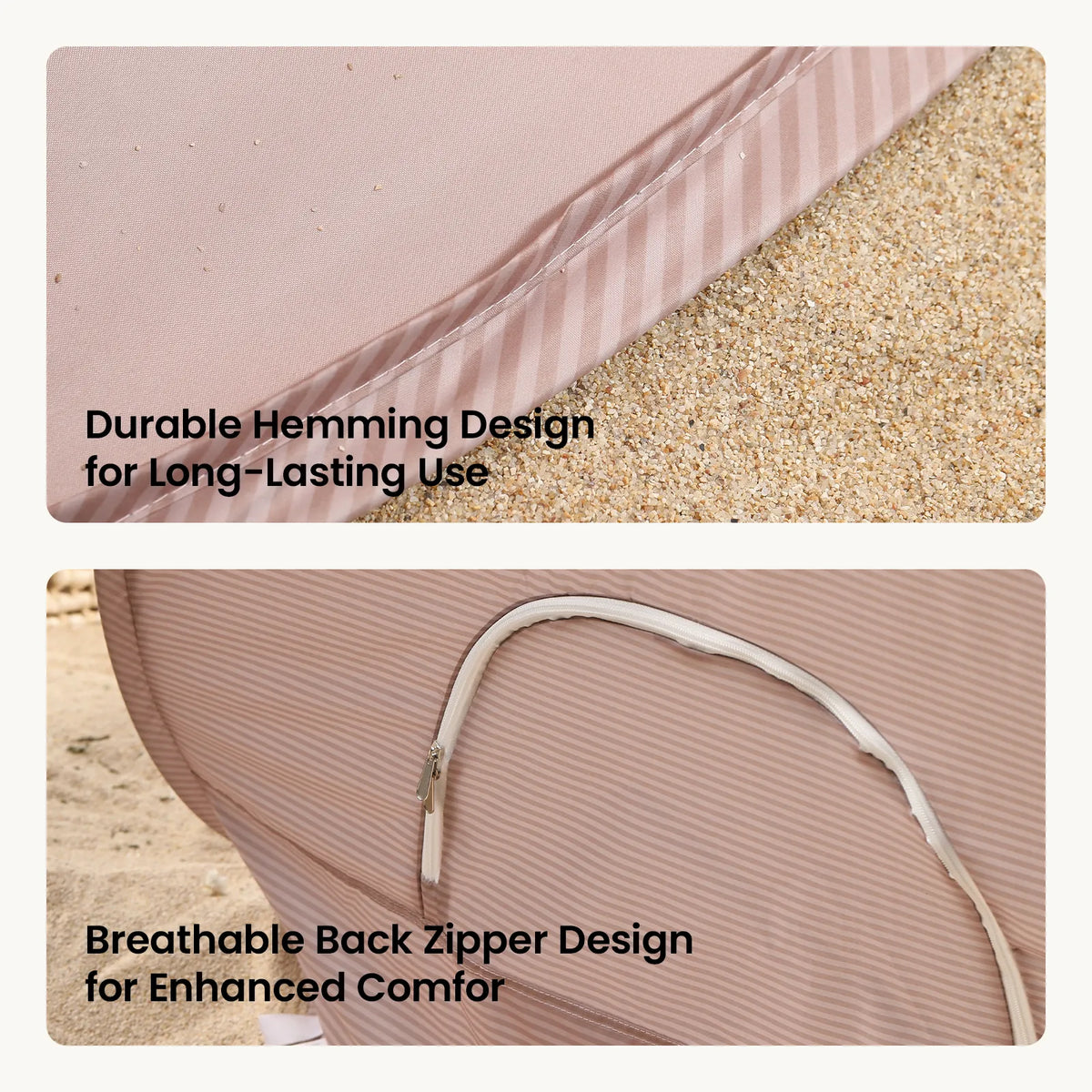 Tiny Land 3-in-1 Baby Beach Tent blush pink striped fabric beach tent on sand on Tampa Home & Garden Store