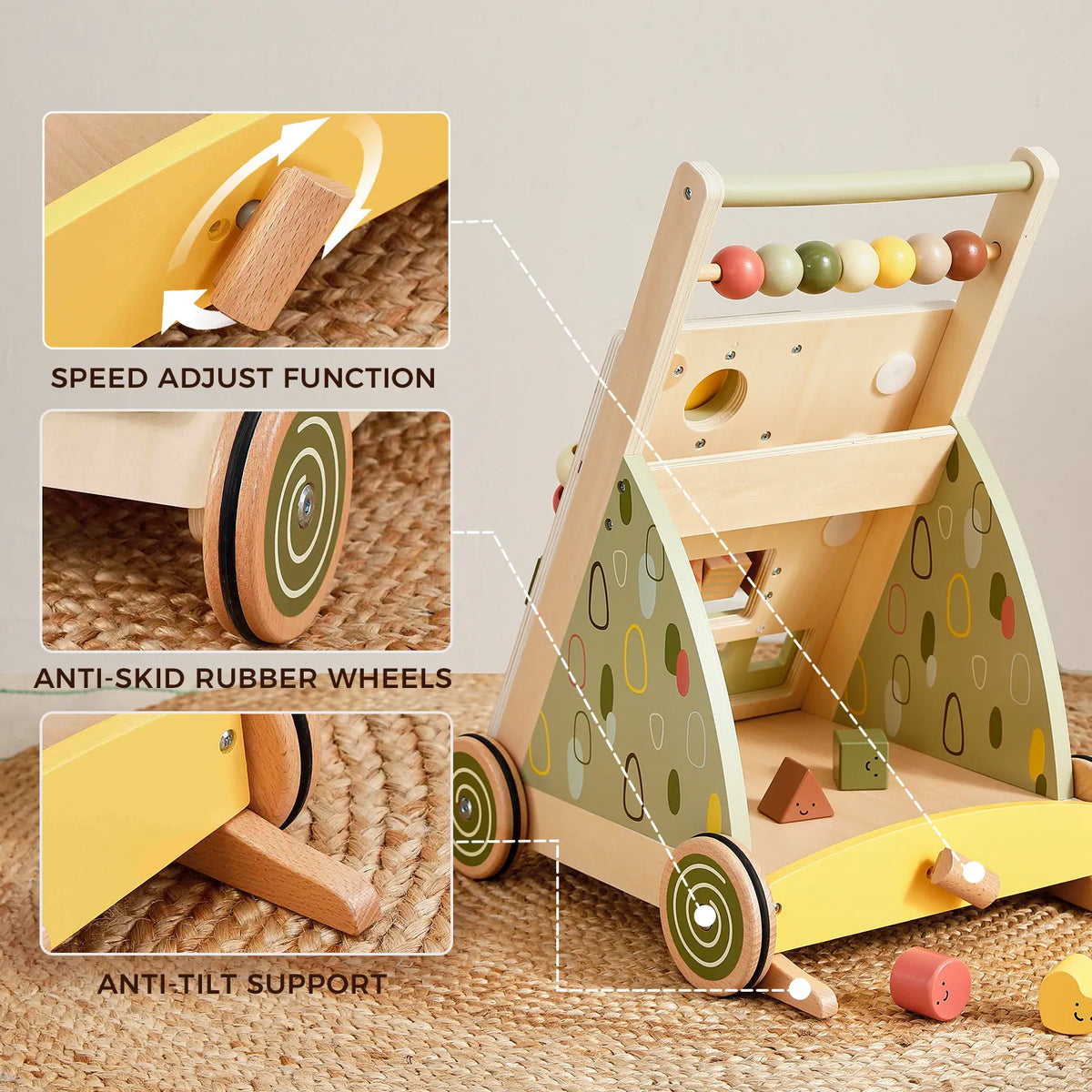 Tiny Land Sage Green Wooden Baby Walker with bead roller top and anti-skid rubber wheels on Tampa Home & Garden Store