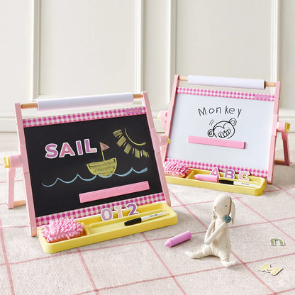 Tiny Land Double-Sided Magnetic Tabletop Easel pink framed chalkboard left whiteboard right on Tampa Home & Garden Store