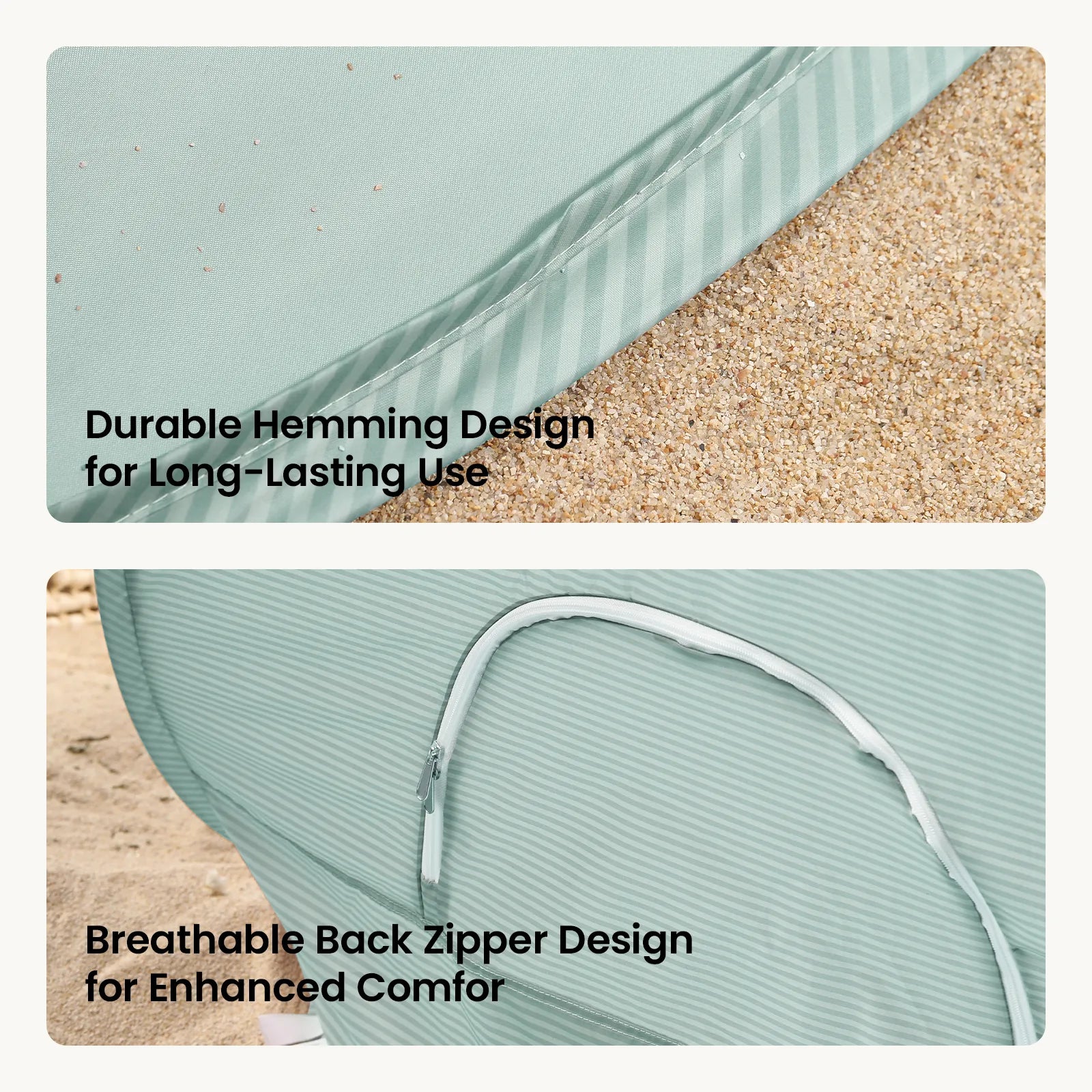 Tiny Land 3-in-1 Baby Beach Tent teal fabric close-up with zipper seam on sand on Tampa Home & Garden Store