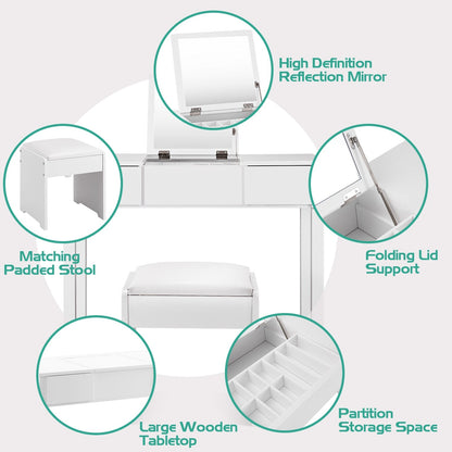 Vanity Makeup Dressing Table Set with Flip Top Mirror and Cushioned Stool-White