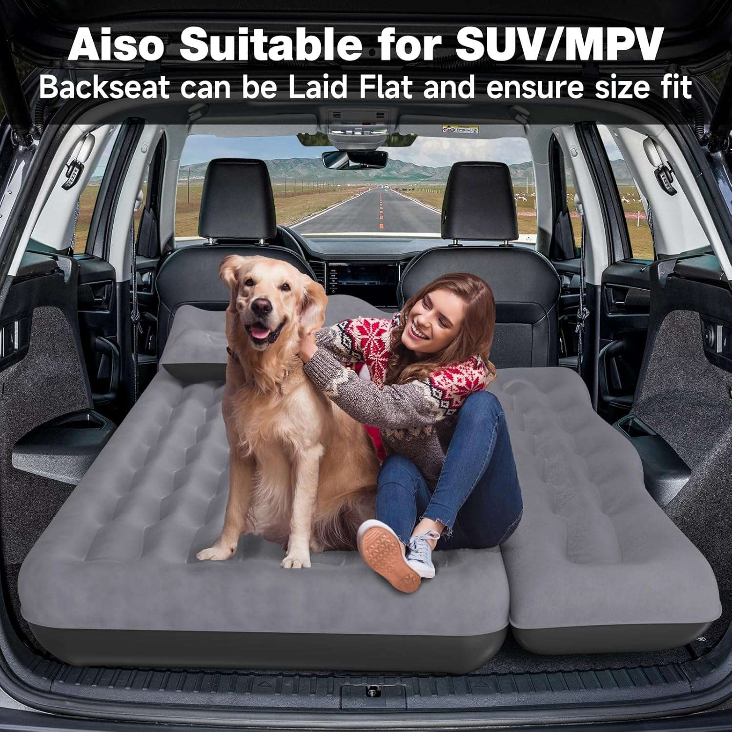 Backseat air mattress 24'' wide grey for SUV/Truck by Dikasun Outdoor with a woman and dog on it on Tampa Home & Garden Store
