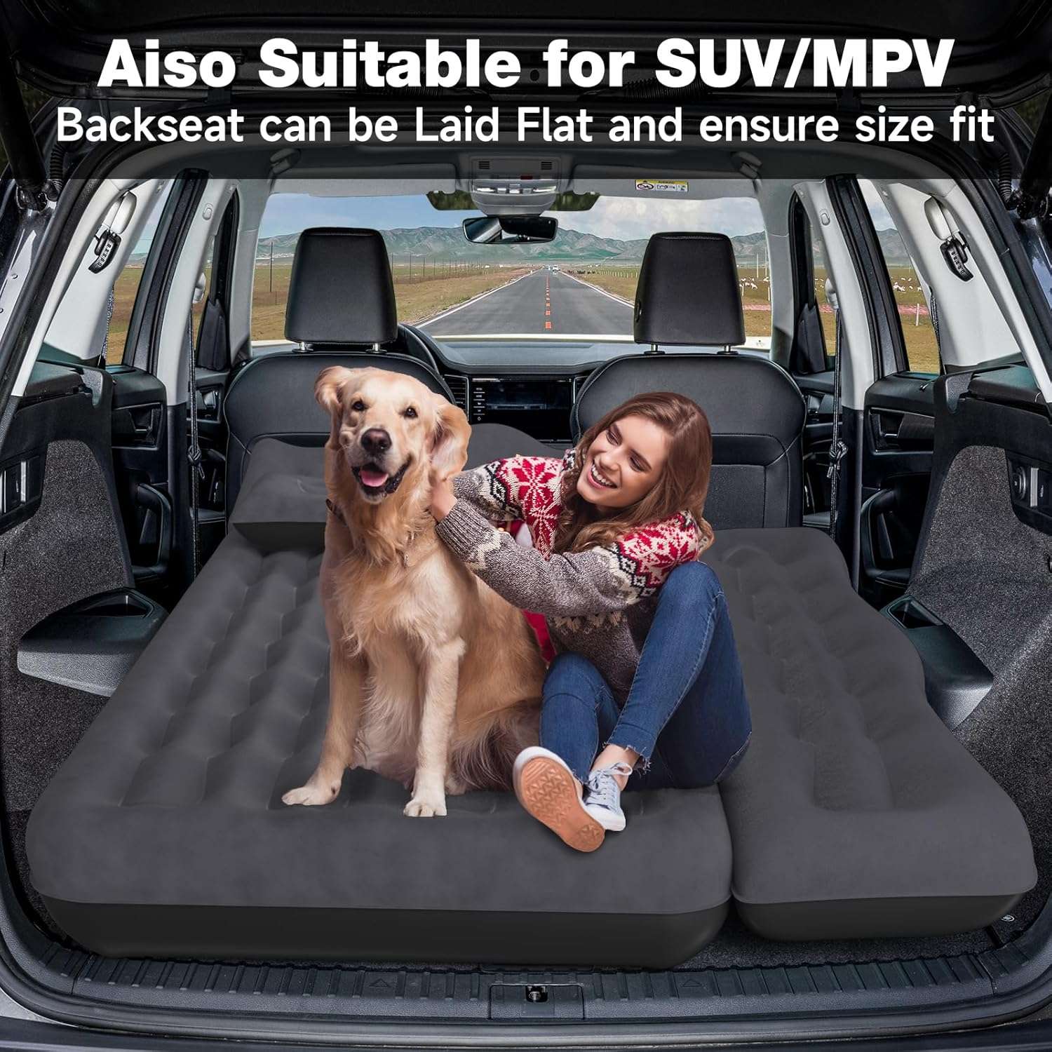 Backseat air mattress 24'' wide in black by Dikasun Outdoor, fits SUV with woman and dog on Tampa Home & Garden Store