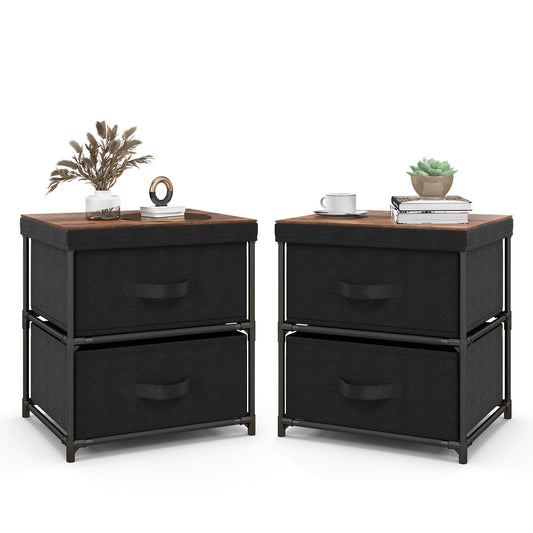 2-Drawer Nightstand with Removable Fabric Bins and Pull Handles Set of 2-Black - Tampa Home & Garden Store