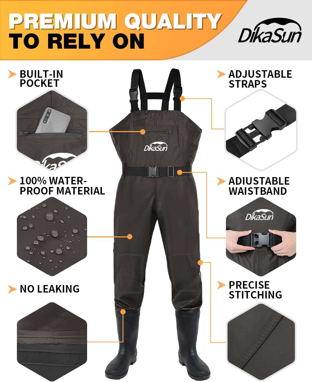 DikaSun bootfoot chest waders brown waterproof fabric built-in pocket adjustable straps on Tampa Home & Garden Store