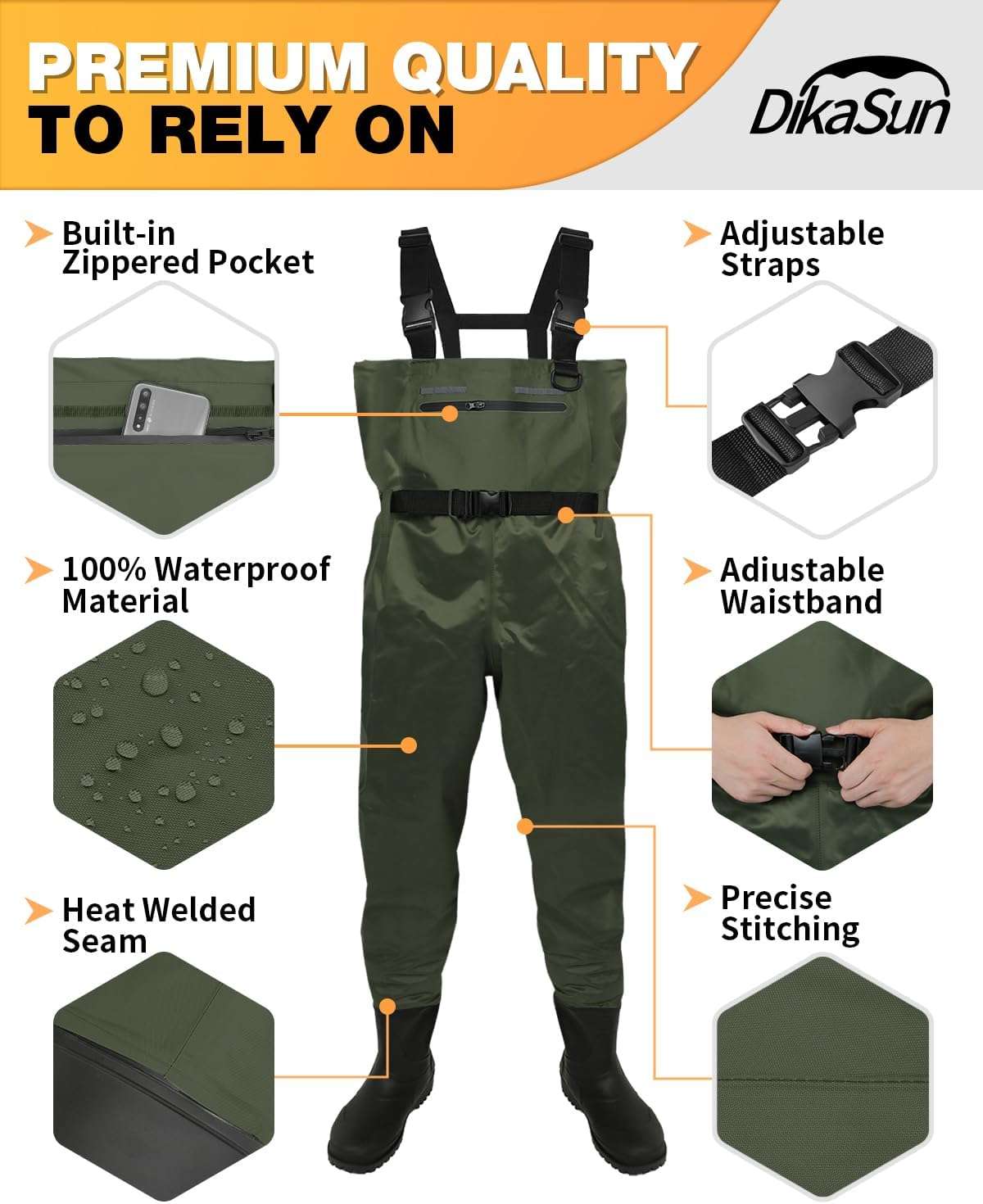 DikaSun Chest Waders with Boots dark green lightweight bootfoot waders with adjustable straps on Tampa Home & Garden Store